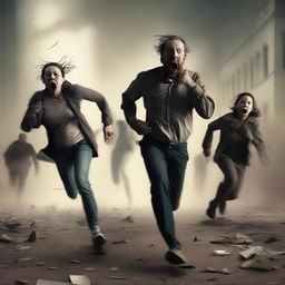 Add chaotic figures of people who are shocked and running away amid the apocalyptic scene