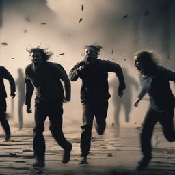 Add chaotic figures of people who are shocked and running away amid the apocalyptic scene