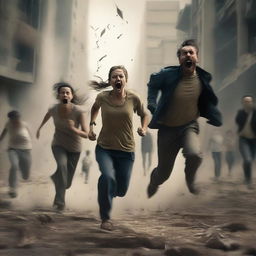 Add chaotic figures of people who are shocked and running away amid the apocalyptic scene