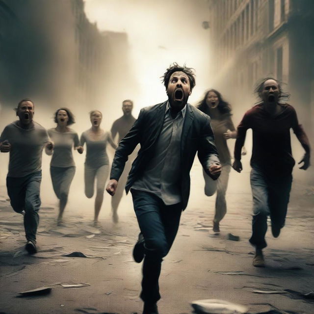 Add chaotic figures of people who are shocked and running away amid the apocalyptic scene