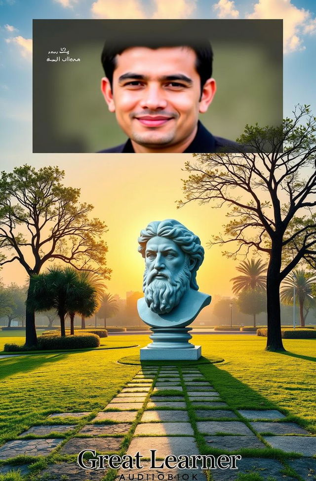 A serene park scene at sunrise, featuring a large, classical white marble bust of a philosopher, surrounded by lush green grass and neatly trimmed hedges