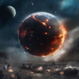 Modify the apocalyptic scene to feature the fragmented planet Earth and the destructed universe, with celestial bodies disintegrating amid a star-studded darkness