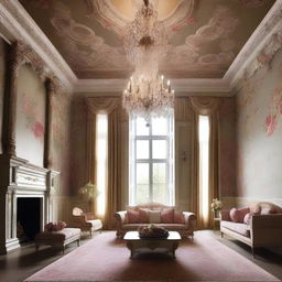 Generate an image of a high-ceiling room with the ceiling decorated with an intricate floral wallpaper, glowing chandelier hanging from the ceiling adds extra elegance