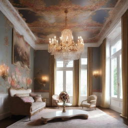 Generate an image of a high-ceiling room with the ceiling decorated with an intricate floral wallpaper, glowing chandelier hanging from the ceiling adds extra elegance