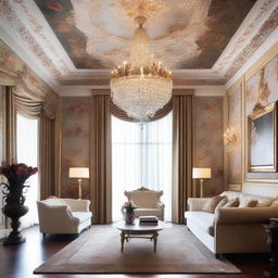 Generate an image of a high-ceiling room with the ceiling decorated with an intricate floral wallpaper, glowing chandelier hanging from the ceiling adds extra elegance