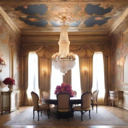 Generate an image of a high-ceiling room with the ceiling decorated with an intricate floral wallpaper, glowing chandelier hanging from the ceiling adds extra elegance