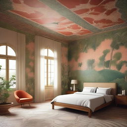 Generate an image of a room where the ceiling is decorated with a tent-like flowy patterned wallpaper, exuding a sense of exoticism and adventure