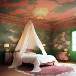 Generate an image of a room where the ceiling is decorated with a tent-like flowy patterned wallpaper, exuding a sense of exoticism and adventure