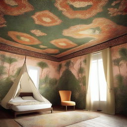 Generate an image of a room where the ceiling is decorated with a tent-like flowy patterned wallpaper, exuding a sense of exoticism and adventure