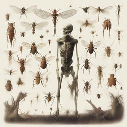 An imagery of lifeforms experiencing death, represented by every creature, from humans to animals, wilting plants and disappearing insects, all portrayed in a state of transition towards the end of life