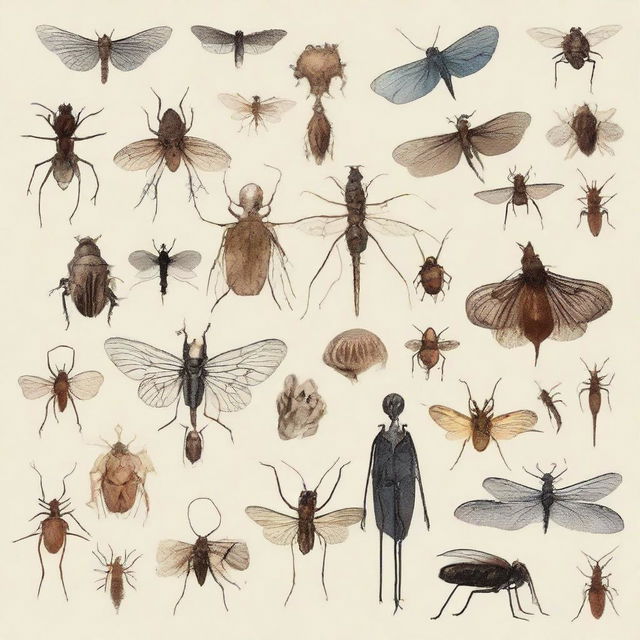 An imagery of lifeforms experiencing death, represented by every creature, from humans to animals, wilting plants and disappearing insects, all portrayed in a state of transition towards the end of life