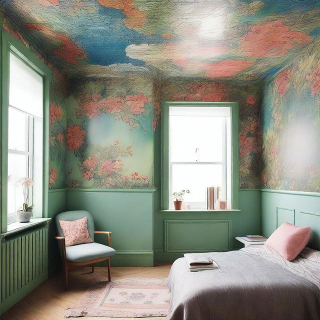 Generate an image of a cozy small room, featuring a ceiling adorned with a vibrant, detailed wallpaper which visually expands the space