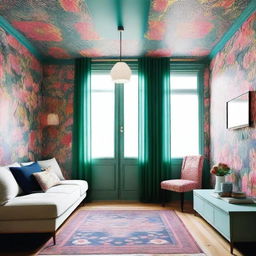 Generate an image of a cozy small room, featuring a ceiling adorned with a vibrant, detailed wallpaper which visually expands the space