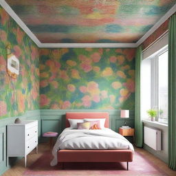 Generate an image of a cozy small room, featuring a ceiling adorned with a vibrant, detailed wallpaper which visually expands the space