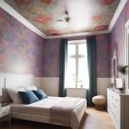 Generate an image of a cozy small room, featuring a ceiling adorned with a vibrant, detailed wallpaper which visually expands the space