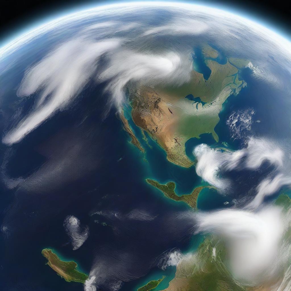 A realistic, detailed image of planet Earth from space featuring the blues of the ocean, the greens and browns of landmasses, and the swirling whites of clouds