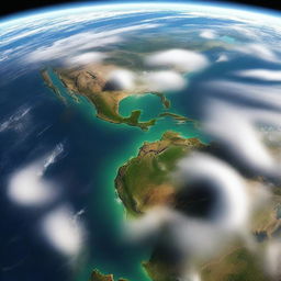 A realistic, detailed image of planet Earth from space featuring the blues of the ocean, the greens and browns of landmasses, and the swirling whites of clouds