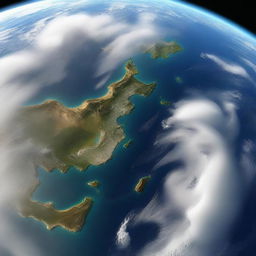 A realistic, detailed image of planet Earth from space featuring the blues of the ocean, the greens and browns of landmasses, and the swirling whites of clouds