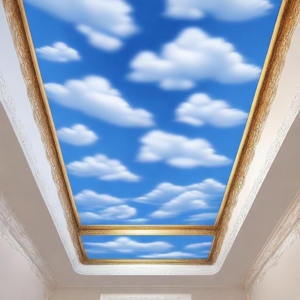 Generate an image of a ceiling adorned with a wallpaper that artistically represents a bright, open sky filled with fluffy clouds, providing the illusion of an endless horizon