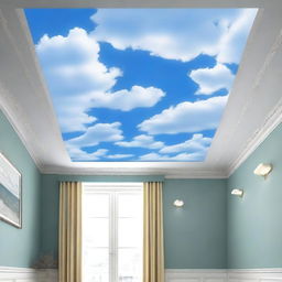 Generate an image of a ceiling adorned with a wallpaper that artistically represents a bright, open sky filled with fluffy clouds, providing the illusion of an endless horizon