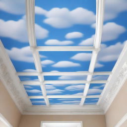 Generate an image of a ceiling adorned with a wallpaper that artistically represents a bright, open sky filled with fluffy clouds, providing the illusion of an endless horizon