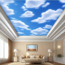 Generate an image of a ceiling adorned with a wallpaper that artistically represents a bright, open sky filled with fluffy clouds, providing the illusion of an endless horizon