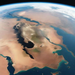 Planet Earth as viewed from space during a prolonged drought, showcasing drying continents with sparse greenery, a lesser number of clouds and the vast expanding deserts