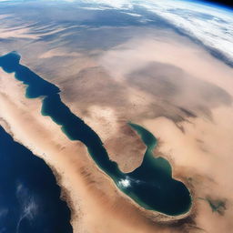 Planet Earth as viewed from space during a prolonged drought, showcasing drying continents with sparse greenery, a lesser number of clouds and the vast expanding deserts