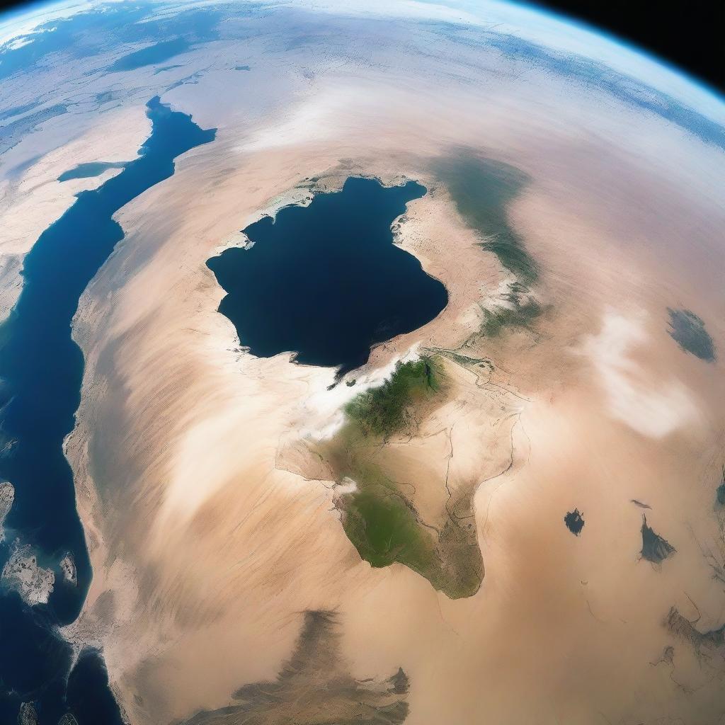 Planet Earth as viewed from space during a prolonged drought, showcasing drying continents with sparse greenery, a lesser number of clouds and the vast expanding deserts