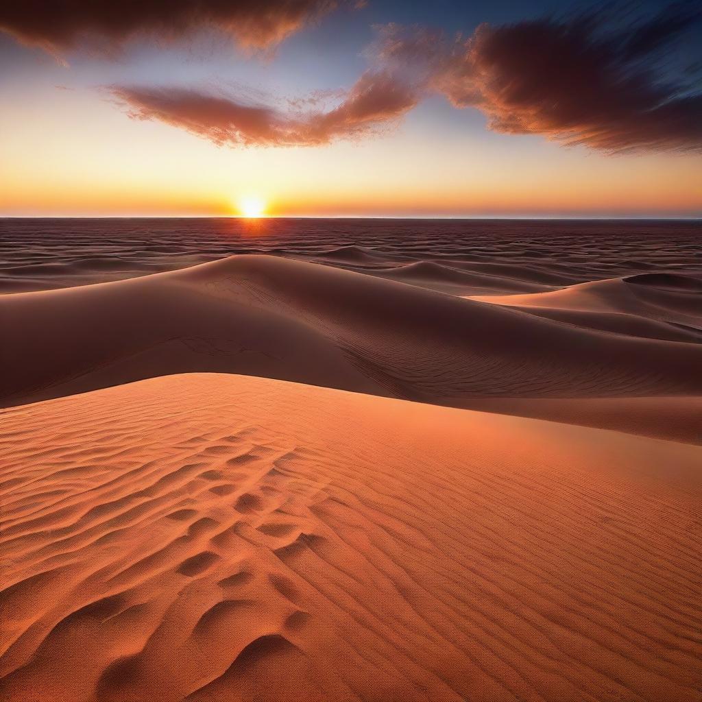 A breathtaking view of a vast desert, with sand dunes stretching towards the horizon and a vibrant sunset illuminating the sky