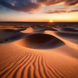 A breathtaking view of a vast desert, with sand dunes stretching towards the horizon and a vibrant sunset illuminating the sky