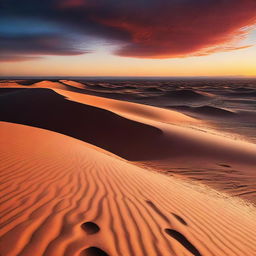 A breathtaking view of a vast desert, with sand dunes stretching towards the horizon and a vibrant sunset illuminating the sky