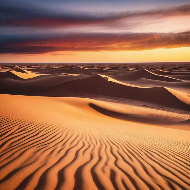 A breathtaking view of a vast desert, with sand dunes stretching towards the horizon and a vibrant sunset illuminating the sky