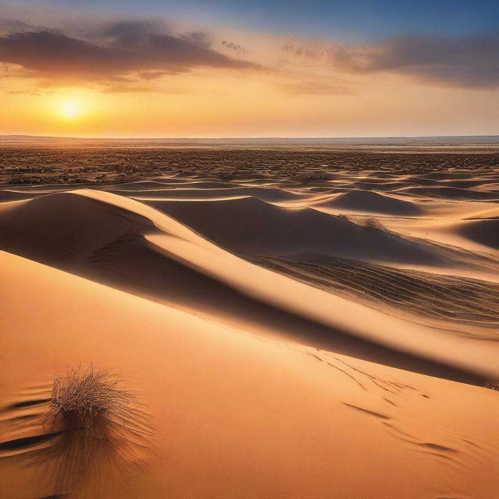 A vast desert vista teeming with rural life, numerous small villages nestled among the sand dunes under the vibrant sunset sky