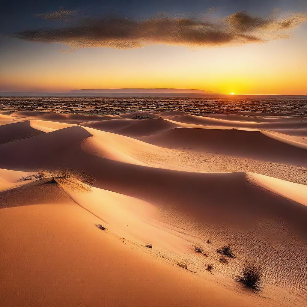 A vast desert vista teeming with rural life, numerous small villages nestled among the sand dunes under the vibrant sunset sky