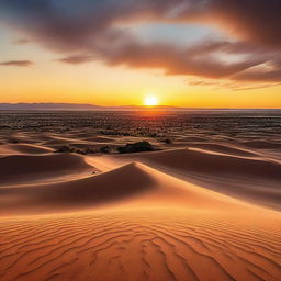 A vast desert vista teeming with rural life, numerous small villages nestled among the sand dunes under the vibrant sunset sky