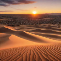 A vast desert vista teeming with rural life, numerous small villages nestled among the sand dunes under the vibrant sunset sky