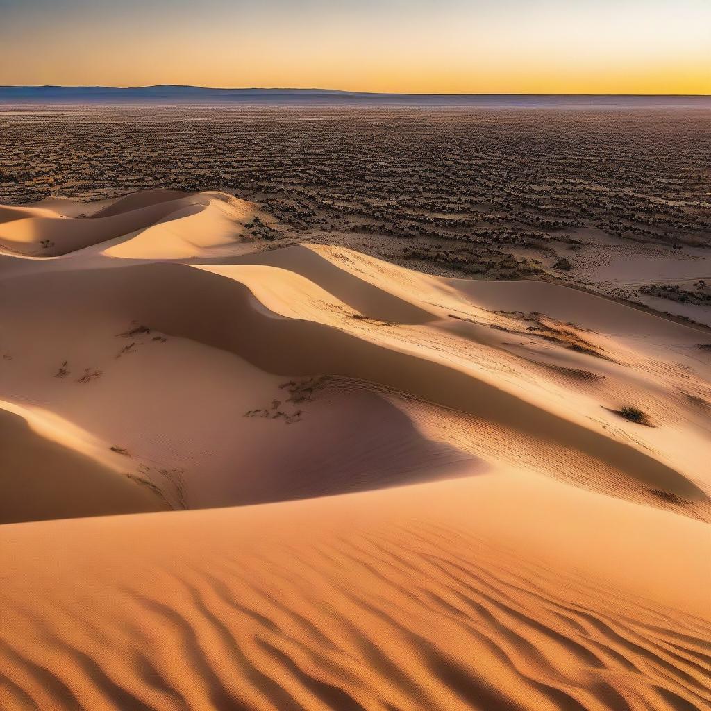 A sprawling desert landscape filled with a myriad of houses, scattered across the expansive sand dunes under the glow of a vivid sunset