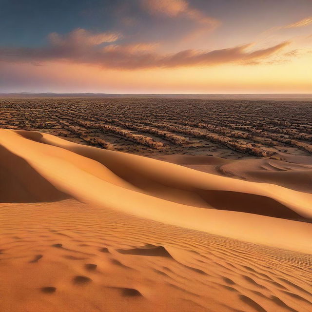 A sprawling desert landscape filled with a myriad of houses, scattered across the expansive sand dunes under the glow of a vivid sunset