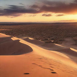 A sprawling desert landscape filled with a myriad of houses, scattered across the expansive sand dunes under the glow of a vivid sunset