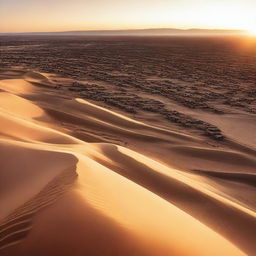 A sprawling desert landscape filled with a myriad of houses, scattered across the expansive sand dunes under the glow of a vivid sunset