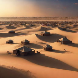 An oppressive desert landscape: myriad houses scattered across the vast dunes under a sunset, filled with cruel inhabitants known for subjugating the weak