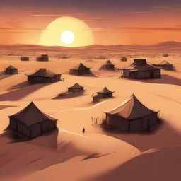 An oppressive desert landscape: myriad houses scattered across the vast dunes under a sunset, filled with cruel inhabitants known for subjugating the weak