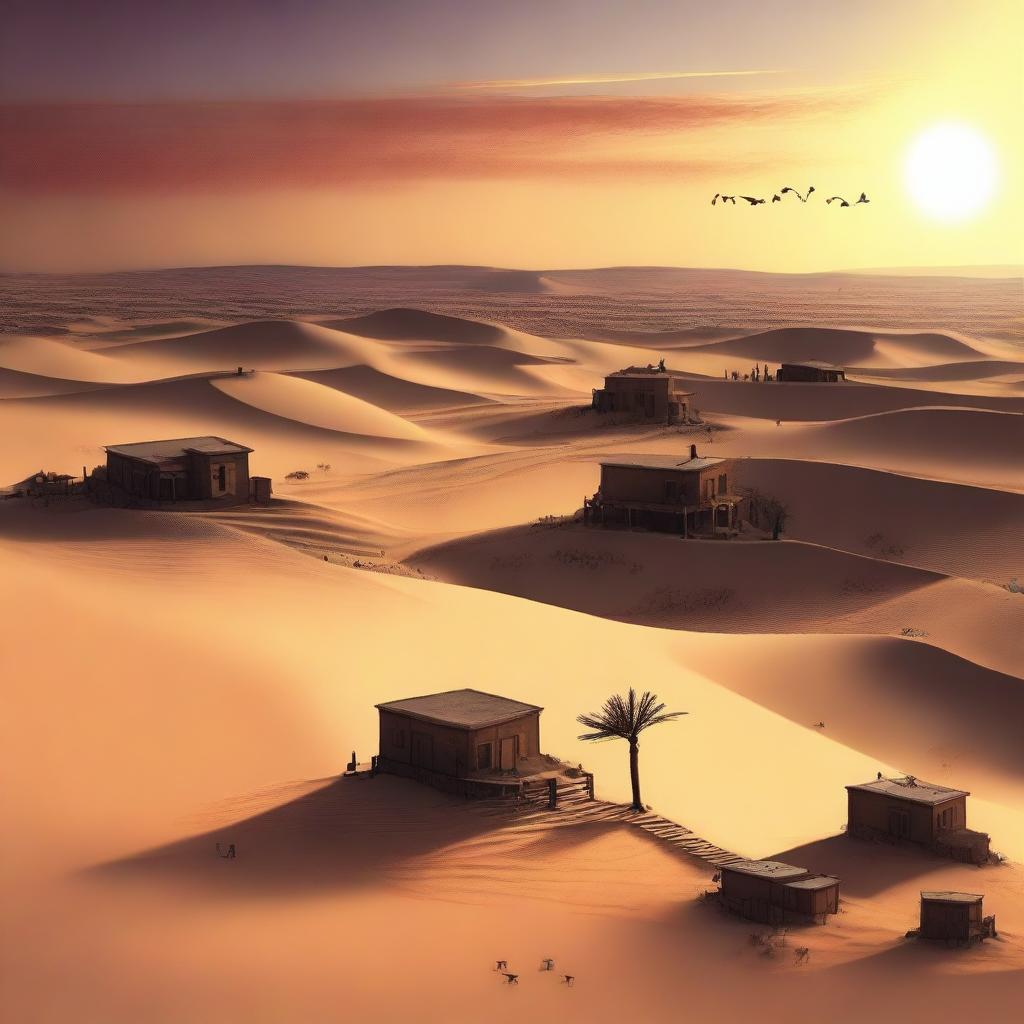 An oppressive desert landscape: myriad houses scattered across the vast dunes under a sunset, filled with cruel inhabitants known for subjugating the weak