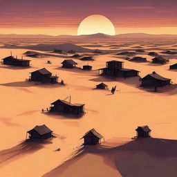 An oppressive desert landscape: myriad houses scattered across the vast dunes under a sunset, filled with cruel inhabitants known for subjugating the weak