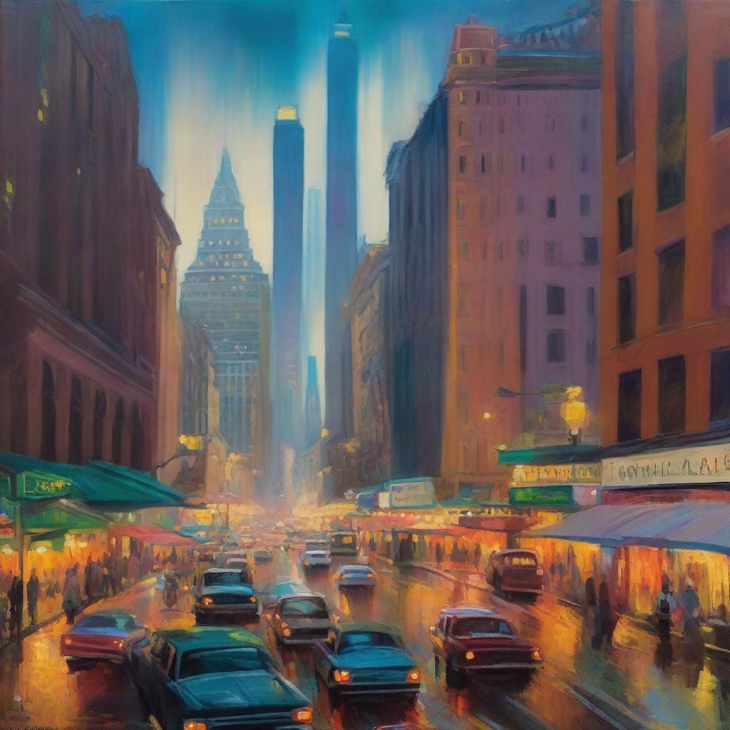 An oil painting of a bustling city, with towering buildings, busy streets, and vibrant city lights twinkling as the evening descends