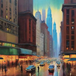 An oil painting of a bustling city, with towering buildings, busy streets, and vibrant city lights twinkling as the evening descends