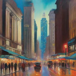 An oil painting of a bustling city, with towering buildings, busy streets, and vibrant city lights twinkling as the evening descends