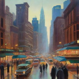 An oil painting of a bustling city, with towering buildings, busy streets, and vibrant city lights twinkling as the evening descends