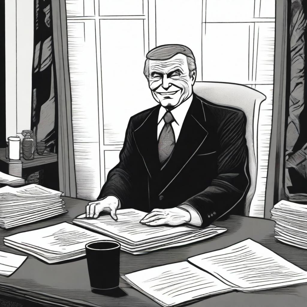 An illustration of a malevolent president, with a cunning smile and dark piercing eyes, sitting at his desk in the oval office, surrounded by papers and official documents